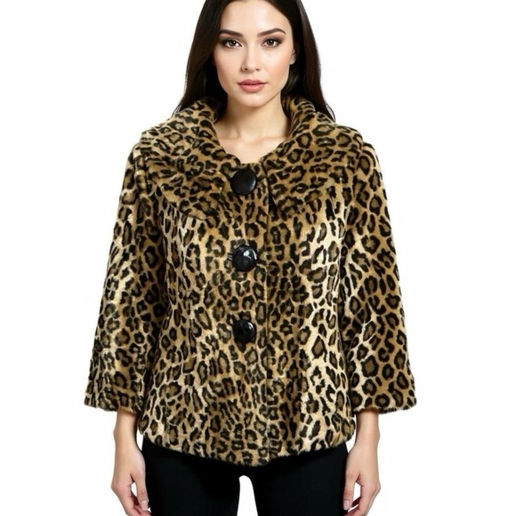 CHICO’S 1 Soft Animal Perla 3/4 Sleeve Jacket Blazer Faux Fur Animal Print Sz M - Picture 1 of 9